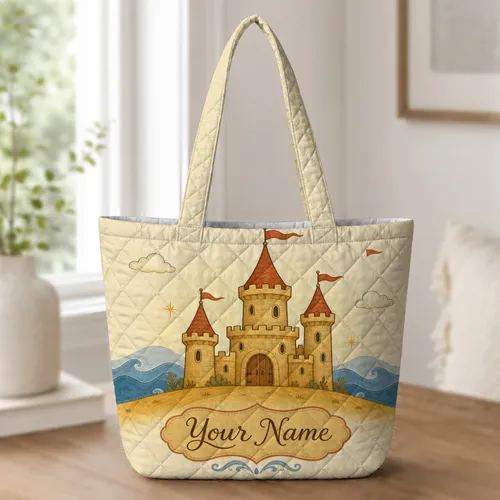 Enchanted Seaside Castle Travel Gift For Storybook Lovers, Readers And Coastal Dreamers Quilted Tote Bag