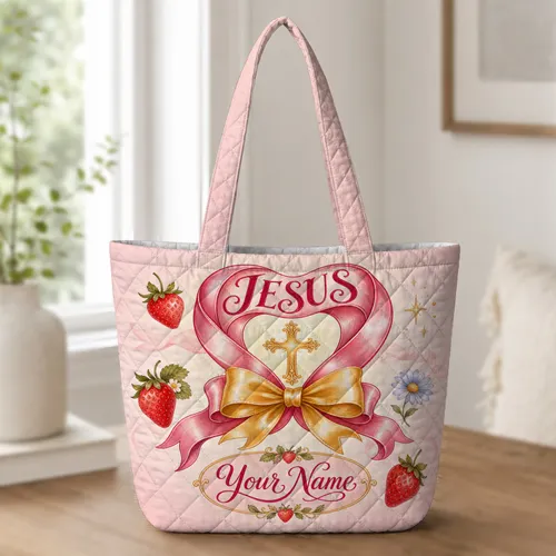 Jesus Heart Ribbon Cross Strawberry Faith Gift For Christian Women And Church Events Quilted Tote Bag