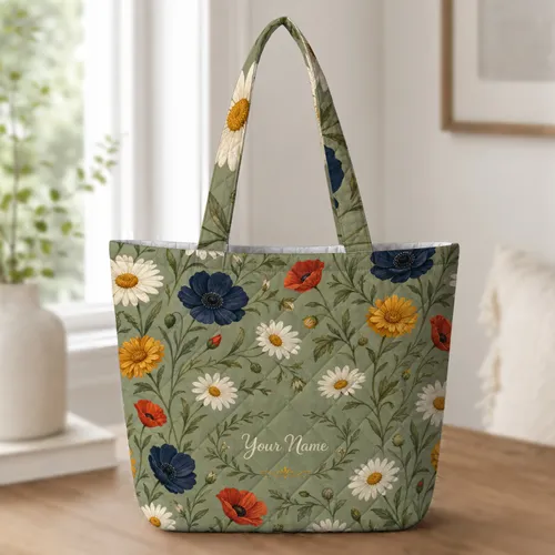 Sage Green Wildflower Meadow Name Gift For Garden Lovers Daily Travel And Errands Quilted Tote Bag