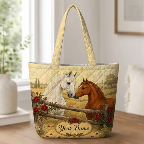 Two Horses And Red Roses Country Gift For Equestrian Lovers And Farmhouse Style Fans Quilted Tote Bag