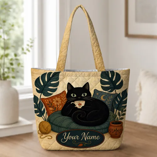 Black Cat With Teacup And Tropical Leaves Cozy Halloween Gift For Women Cat Lovers Quilted Tote Bag