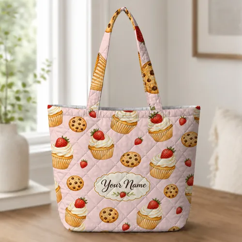 Strawberry Cupcake And Cookie Dessert Gift For Bakery Lovers And Sweet Treat Fans Quilted Tote Bag