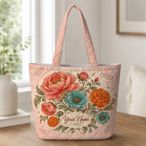 Vintage Floral Bouquet Gift For Work Travel And Everyday Carry For Women With Name Quilted Tote Bag