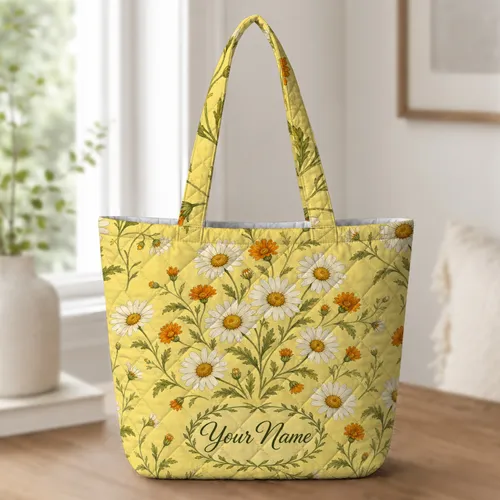 White Daisy Wildflower Meadow for Spring Travel, Farmers Market and Everyday Errands Quilted Tote Bag