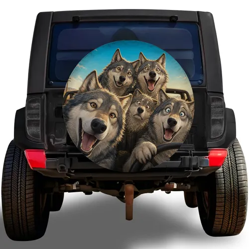 Five Wolves Road Trip Selfie Outdoor Adventure Gift For Wolf Lovers And Campers Everywhere Spare Tire Cover