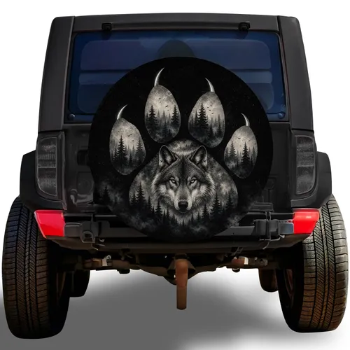 Moonlit Wolf Paw Forest Emblem For Outdoor RV Camping And Wilderness Adventure Lovers Spare Tire Cover