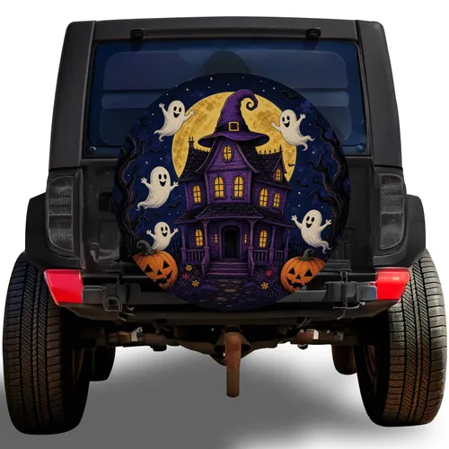Haunted House Ghosts And Jack O Lanterns For Halloween Camping Vehicle Decor Spare Tire Cover