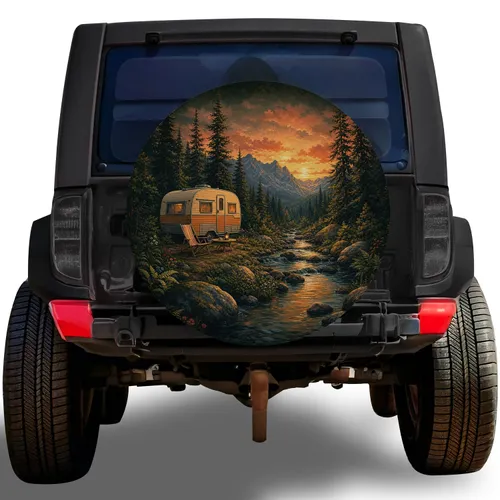 Vintage Camper At Sunset For RV Camping Adventures And Outdoor Travel Enthusiasts Spare Tire Cover