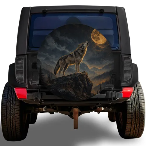 Howling Wolf and Amber Moon for Off Road Camping, RV Travel and Wilderness Lovers Spare Tire Cover