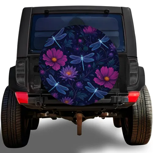 Glowing Blue Dragonflies And Purple Flowers For Night Garden Adventure Trips Spare Tire Cover