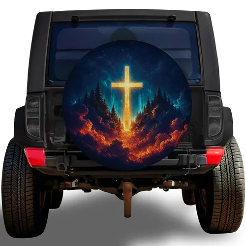 Glowing Golden Cross Over Forest Clouds For Christian Off Road Adventure Faith Gifts Spare Tire Cover
