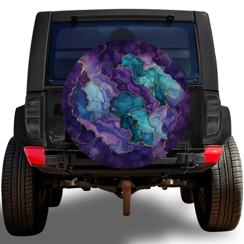 Abstract Purple Teal Geode Alcohol Ink Art For Dreamy Adventure Vehicle Travel Style Spare Tire Cover