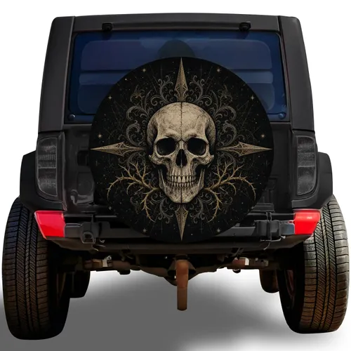 Vintage Gothic Skull Compass Art for Off Road Adventure Travel SUVs and Jeep Drivers Spare Tire Cover