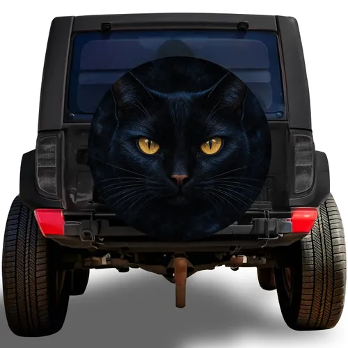 Black Cat With Amber Eyes For Gothic Halloween Road Trips And Feline Enthusiasts Spare Tire Cover