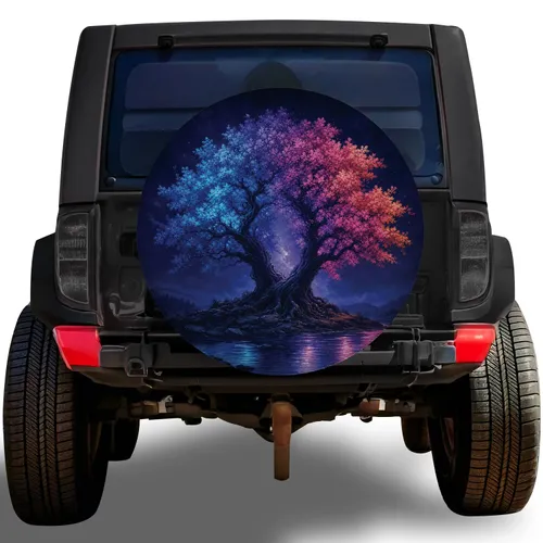 Twilight Rainbow Tree Riverside Scene For Night Camping Adventure Vehicle Owners Spare Tire Cover