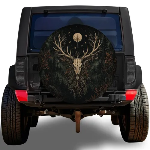 Deer Skull Antlers Dark Forest Gothic Overland Adventure Gift For Outdoor Hunters Spare Tire Cover