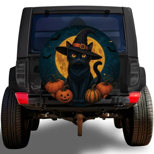 Black Cat Witch Hat Pumpkins Full Moon Halloween Decor For Spooky Season Drivers Spare Tire Cover