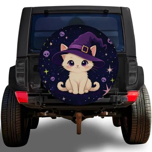 White Kitten In Purple Witch Hat For Halloween Magic Lovers And Spooky Season Drives Spare Tire Cover