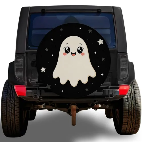 Friendly Kawaii Ghost With Stars For Halloween Night Drives And Spooky Car Lovers Spare Tire Cover