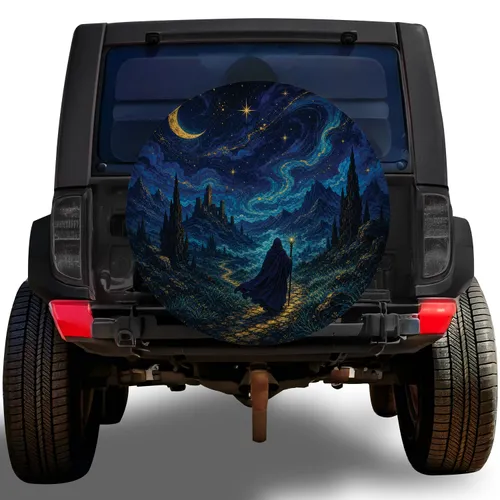 Moonlit Wizard Starry Mountain Landscape For Fantasy Road Trips And Adventure Travelers Spare Tire Cover