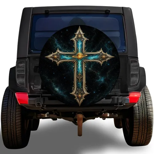 Celestial Gothic Cross And Golden Planet For Dark Fantasy Road Trip Adventures Style Spare Tire Cover