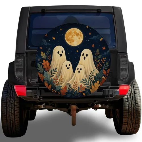 Friendly Ghosts Under a Full Moon for Halloween Road Trips and Autumn Camping Decor Spare Tire Cover