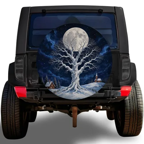 Moonlit Sycamore Tree And Snowy Cottage Winter Night Road Trip Camping Enthusiasts Spare Tire Cover