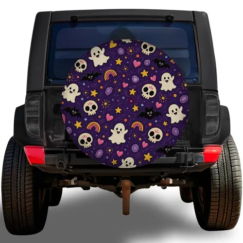 Cute Halloween Ghosts, Skulls And Bats For Spooky Fall Road Trips And Trick-Or-Treaters Spare Tire Cover