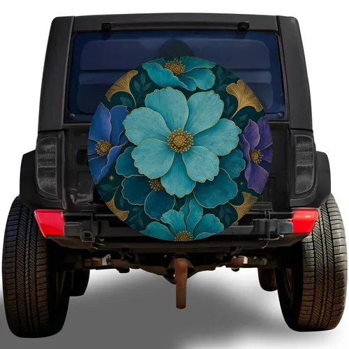 Teal Blue Violet Floral Botanical Motif For Boho Road Trips And Garden Loving Drivers Spare Tire Cover