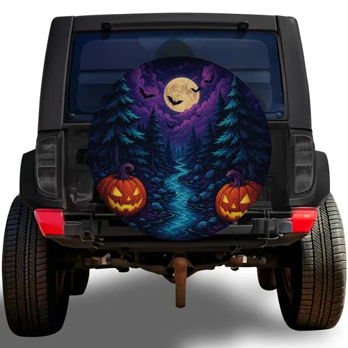 Glowing Jack O Lanterns And Moonlit Forest Halloween Decor For Spooky Night Driving Spare Tire Cover