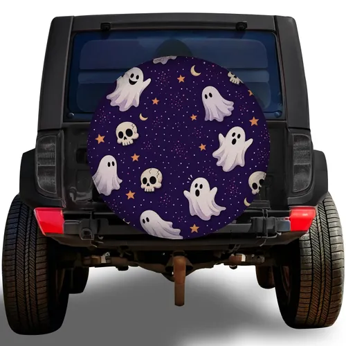 Whimsical Halloween Ghosts Skulls And Stars For Spooky Night Road Trip Adventures Spare Tire Cover