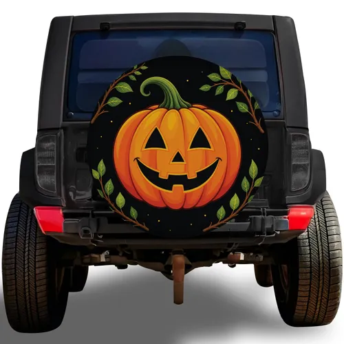 Smiling Jack-O-Lantern Halloween Road Trip Decor For Jeep SUV Fall Adventure Drivers Spare Tire Cover