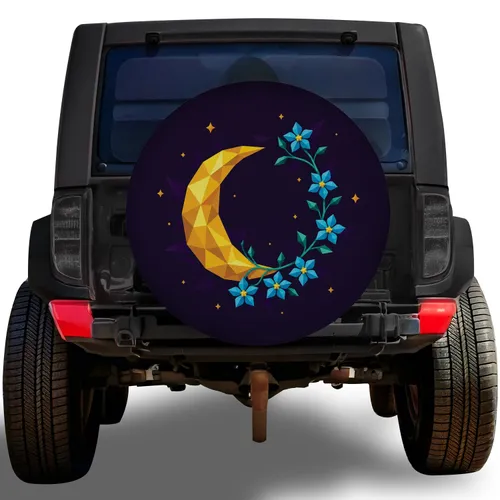 Low Poly Crescent Moon Floral Vine For Night Road Trips And Celestial Style Lovers Spare Tire Cover
