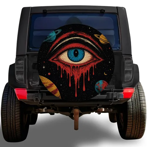 Vintage Retro Cosmic Eye And Ringed Planets For Sci-Fi Road Trips And Space Art Fans Spare Tire Cover