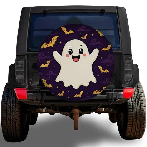 Cute Halloween Ghost With Golden Bats For Spooky Fall Road Trips, Campers And SUVs Spare Tire Cover