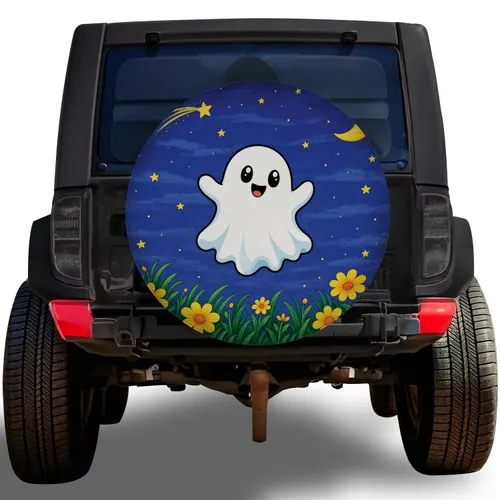Cute Ghost Moon And Stars For Halloween Night Drives And Spooky Season Road Trips Spare Tire Cover