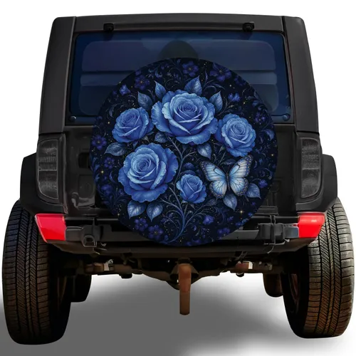 Midnight Blue Rose Butterfly Garden For Moonlit Road Trips And Floral Nature Lovers Spare Tire Cover
