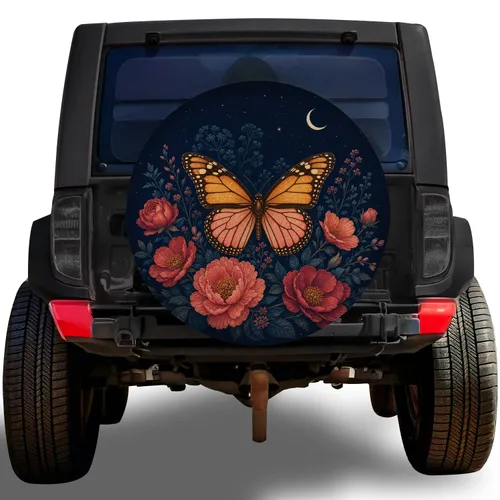 Monarch Butterfly And Floral Night Sky for Romantic Jeep SUV Outdoor Adventure Lovers Spare Tire Cover