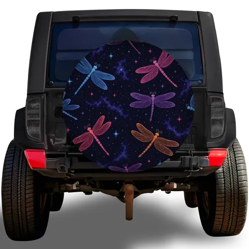 Neon Dragonflies In Midnight Stars For Night Drivers And Cosmic Road Trip Lovers Spare Tire Cover