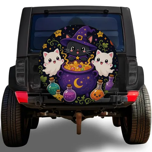 Cute Witch Cat Ghost Kittens And Magic Cauldron Halloween Decor For Spooky Season Spare Tire Cover