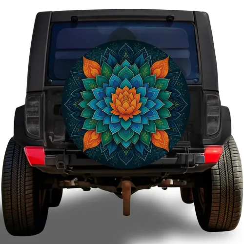 Deep Teal Lotus Mandala Floral Art for Boho Adventure SUVs and Outdoor Lifestyle Spare Tire Cover