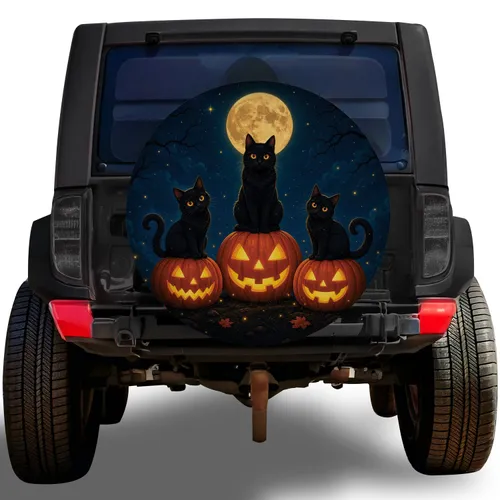 Black Cats On Jack-O'-Lanterns For Halloween Fall Camping And Spooky RV Adventures Spare Tire Cover