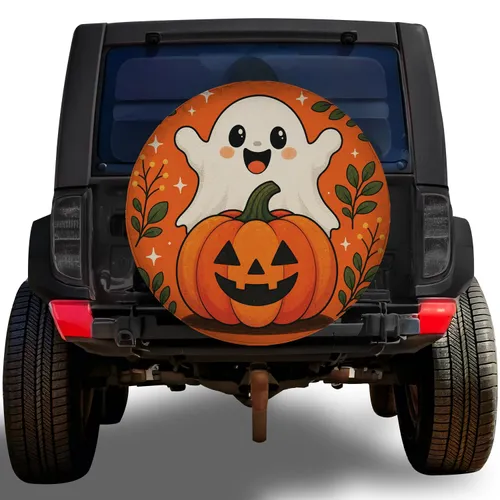 Cute Ghost And Jack O Lantern Halloween Decor For Jeep SUV RV Autumn Road Adventures Spare Tire Cover