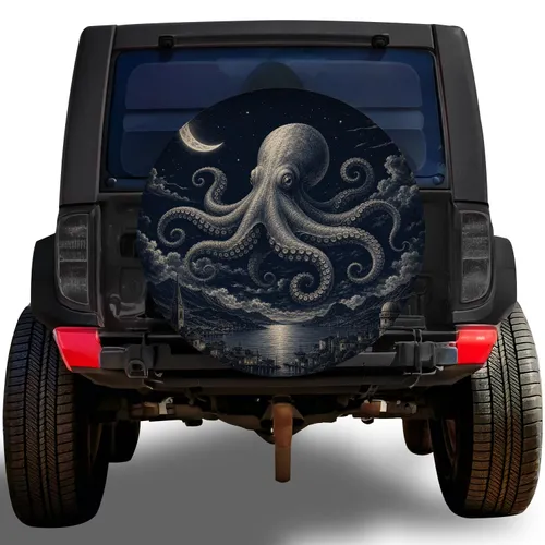 Moonlit Giant Octopus Coastal Scene For Night Camping SUVs And RV Adventure Lovers Spare Tire Cover