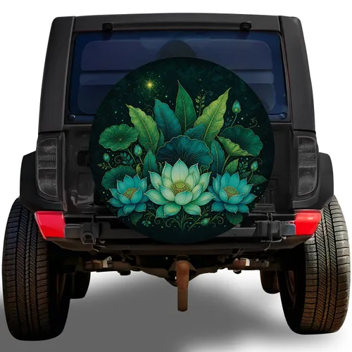 Midnight Teal Lotus Garden And Tropical Leaves For Nature Loving Road Trip Drivers Spare Tire Cover