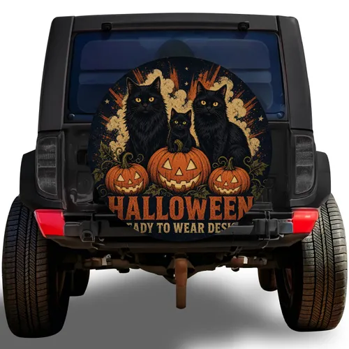 Black Cats And Jack O Lantern Halloween Night Decor For Spooky Jeep And SUV Drivers Spare Tire Cover