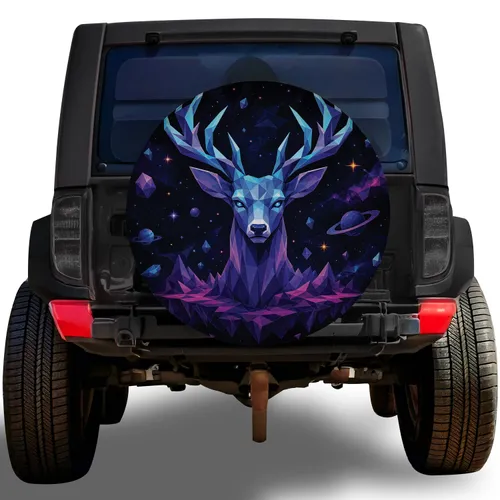 Low Poly Cosmic Stag With Neon Antlers for Stargazers and Night Road Adventurers Spare Tire Cover