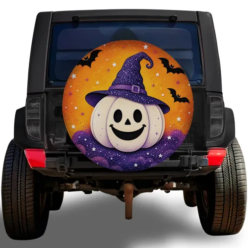 Glittery White Witch Pumpkin With Bats For Halloween Jeep SUV Adventure Drivers Spare Tire Cover