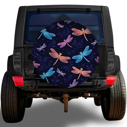 Colorful Dragonflies On Midnight Sky For SUV Road Trip Camping Outdoor Adventure Lovers Spare Tire Cover