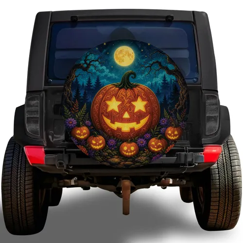 Moonlit Glowing Star Eyed Jack-O'-Lantern For Halloween Night Drives And Road Trips Spare Tire Cover
